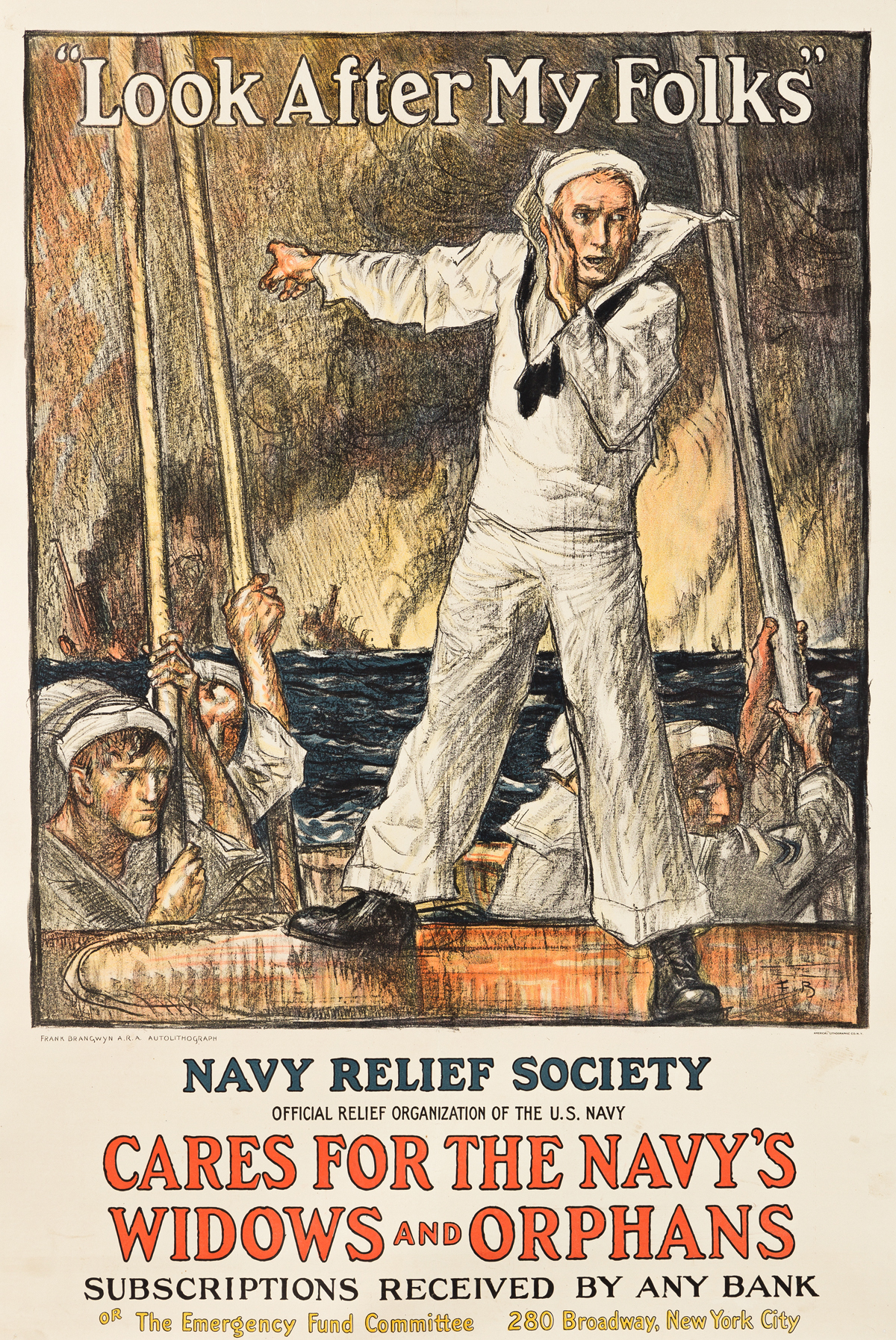 FRANK BRANGWYN (1867-1956).  LOOK AFTER MY FOLKS / NAVY RELIEF SOCIETY. Circa 1917. 41x27½ inches, 104x69¾ cm. American Lithographic
